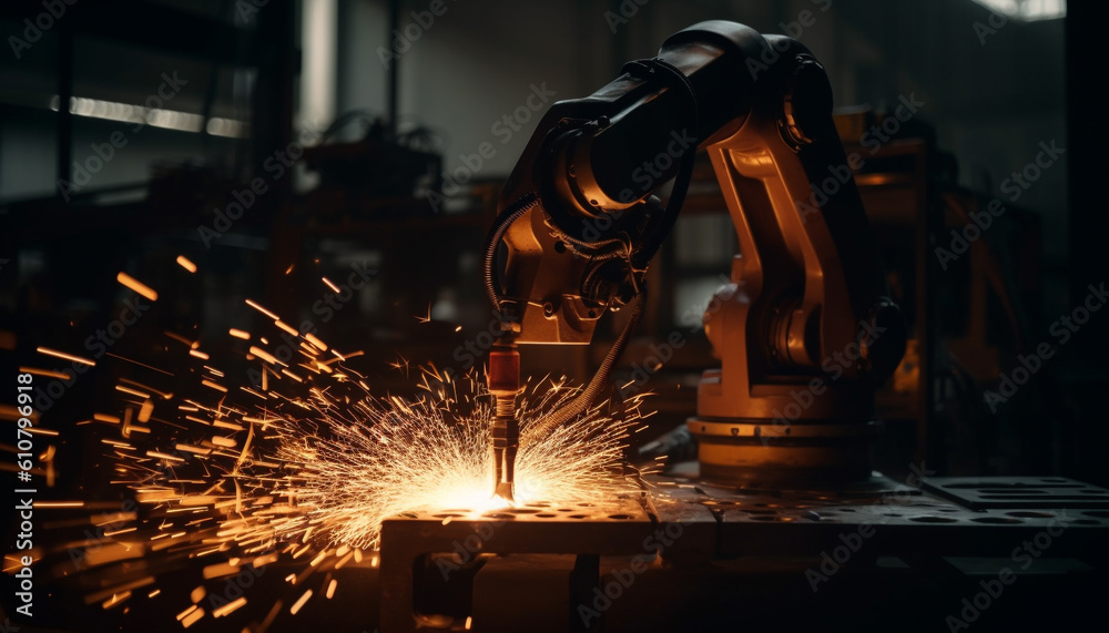 Metal workers in a steel factory use welding torches for accuracy generated by AI