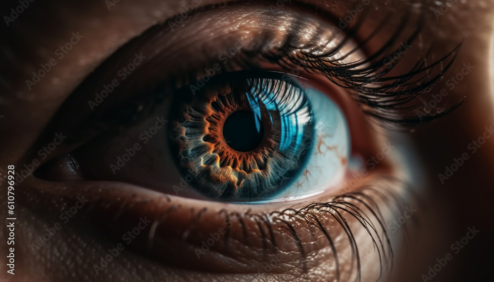 Close up of one woman blue eye, staring into the future generated by AI