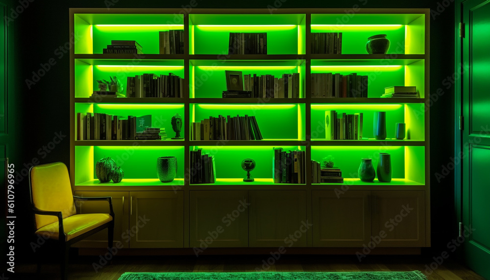 Modern bookshelf collection illuminates clean, comfortable living space luxury generated by AI