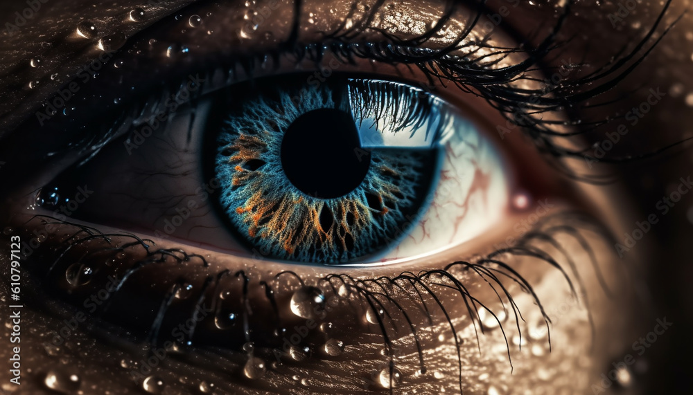 Blue eyed woman staring at camera with wet iris reflection generated by AI