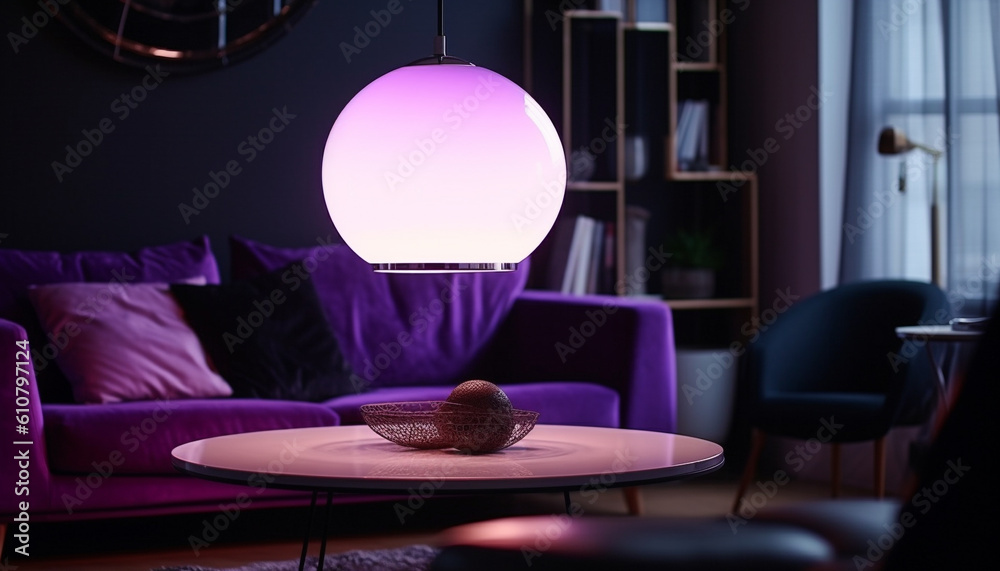 Elegant purple living room with comfortable armchair and chandelier lighting generated by AI