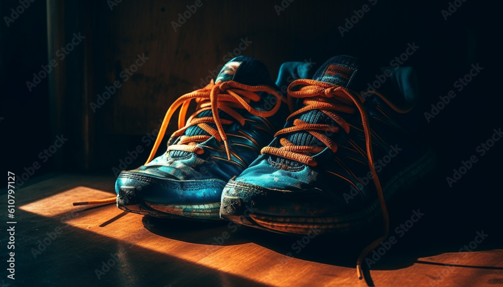 Untied shoelace on old fashioned sports shoe, lying on wooden table generated by AI