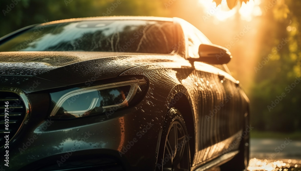 Modern sports car driving through city traffic in the rain generated by AI