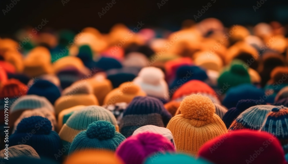 Woven knit hats in vibrant colors decorate the warm crowd generated by AI