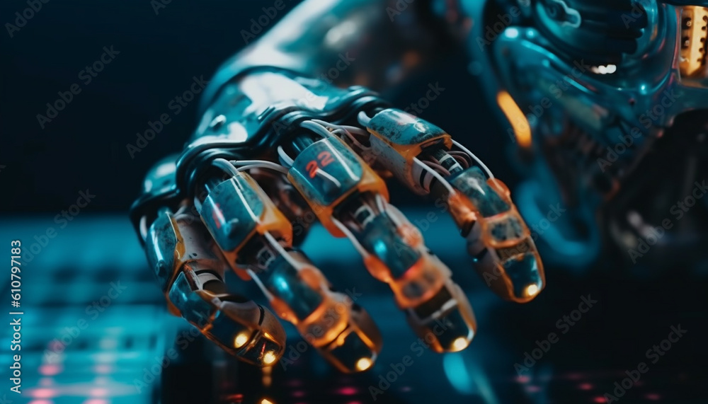 Metallic robotic arm in futuristic factory illuminates machinery for manufacturing generated by AI