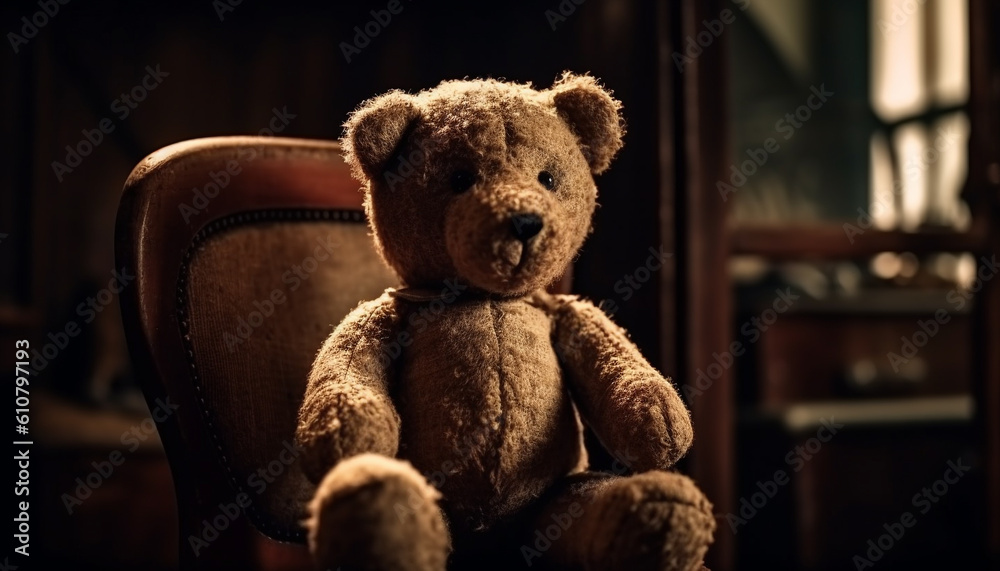 Fluffy teddy bear brings joy to old fashioned home interior generated by AI