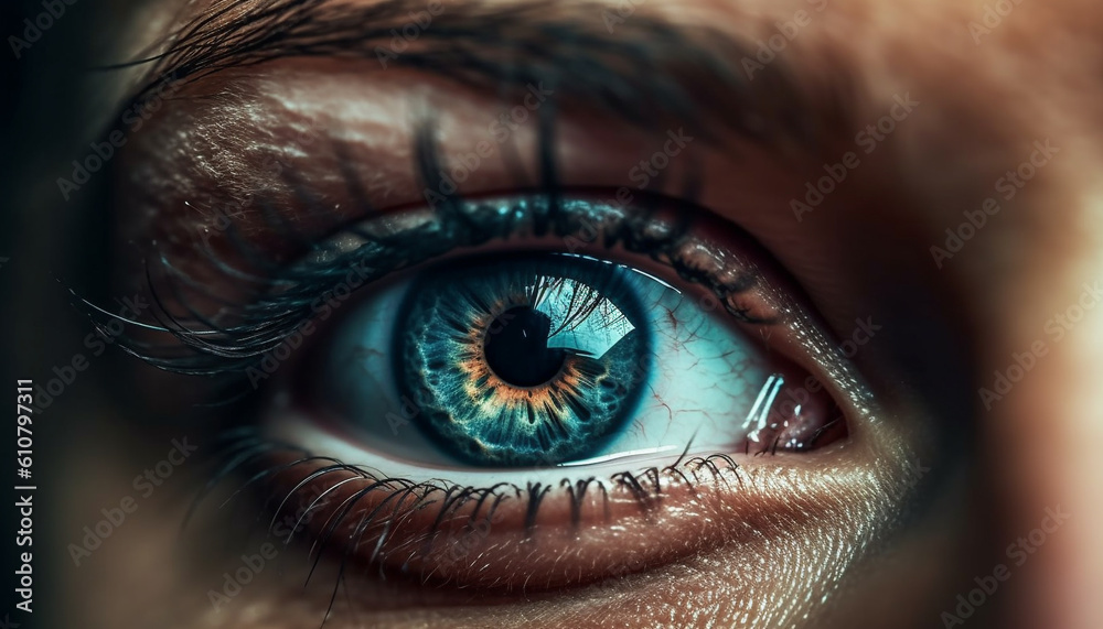 Blue eyed woman staring at camera with selective focus close up generated by AI