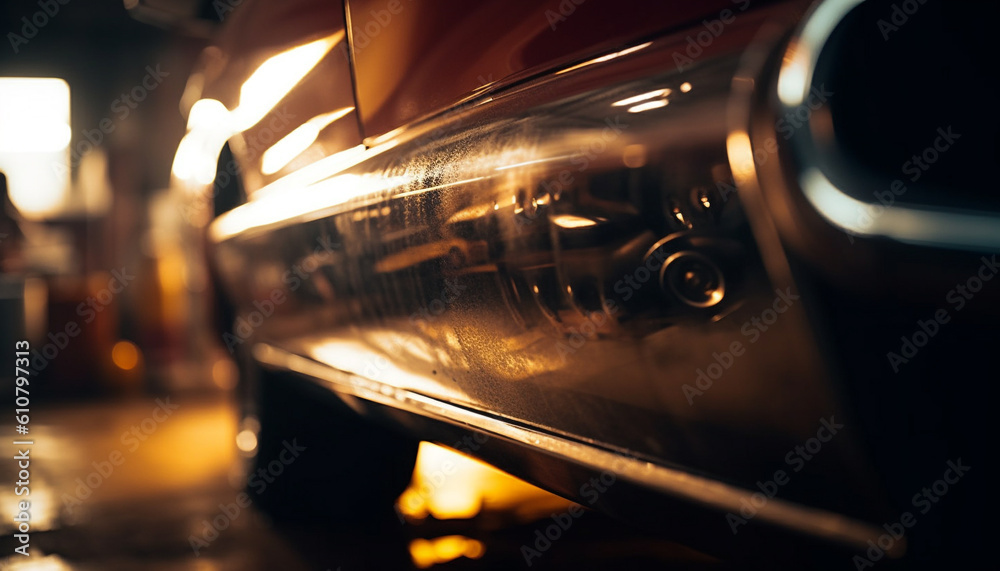 Shiny vintage car headlights illuminate blurred city nightlife motion generated by AI