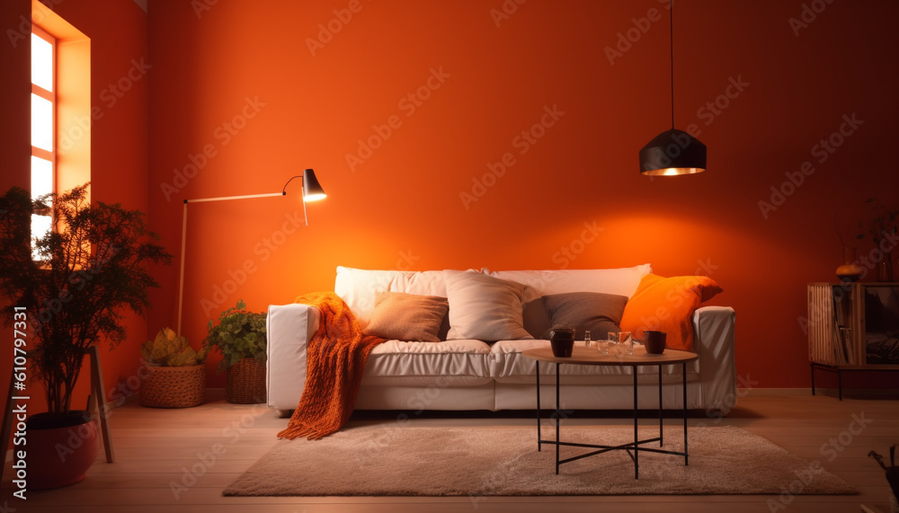 Comfortable armchair, bright lighting, orange bedding, natural plant, modern design generated by AI