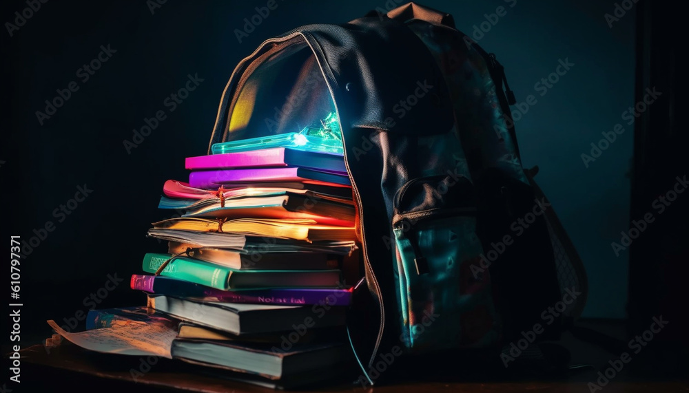 Back to school Student studying wisdom from illuminated antique textbook heap generated by AI