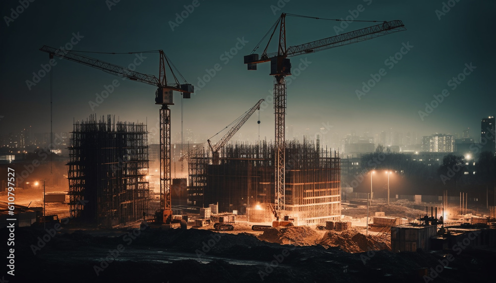 Modern factory design with dark cityscape and construction machinery activity generated by AI