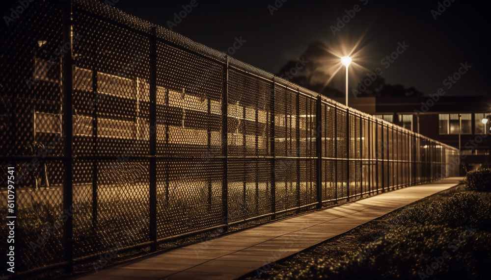 Vanishing point of modern architecture, empty prison illuminated at dusk generated by AI