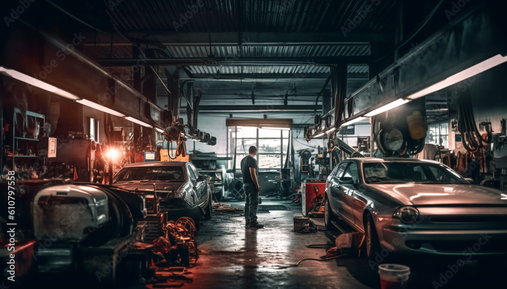 Nighttime garage service Men repairing metal machinery for transportation industry generated by AI