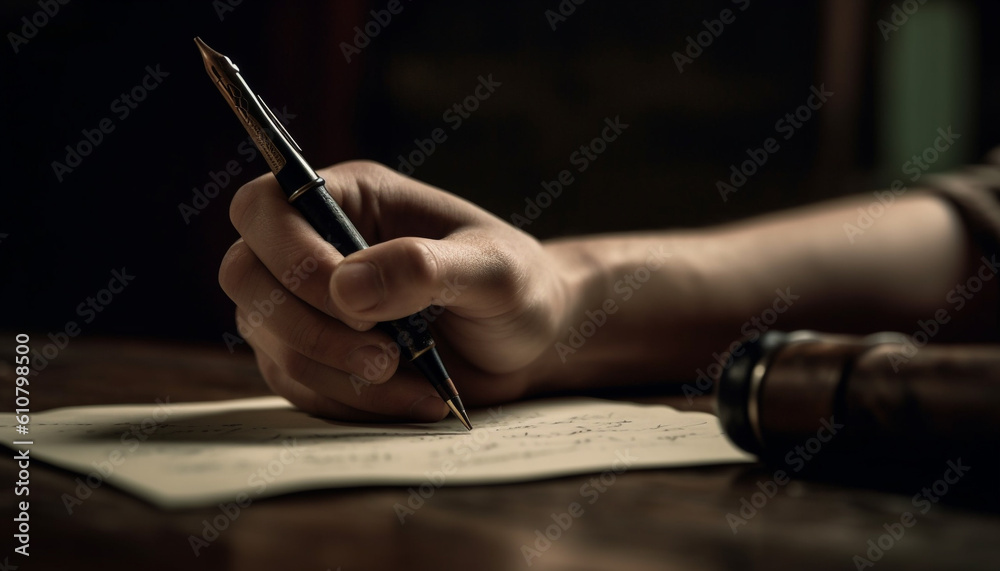 Businessman holding pen, signing contract on wooden desk indoors generated by AI