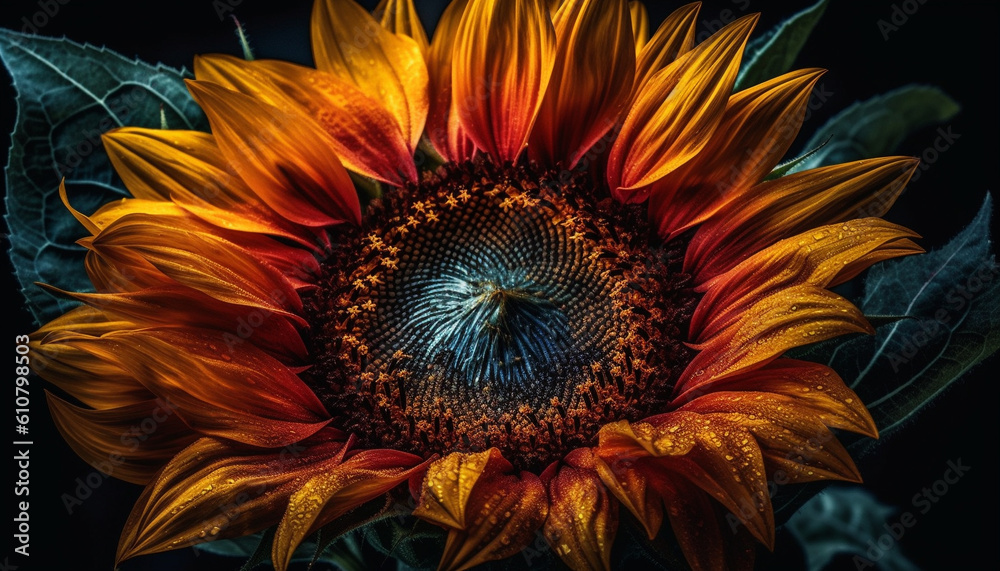 Vibrant sunflower petal, yellow and multi colored, on dark background generated by AI