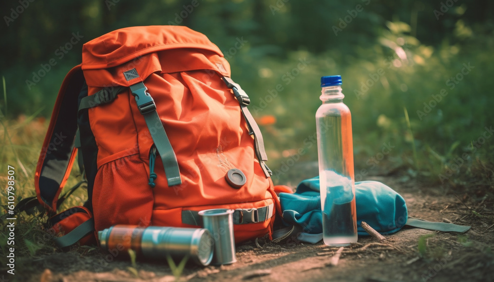 Backpacker hiking through forest with equipment for outdoor adventure generated by AI