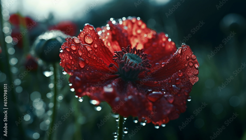 Vibrant wildflower in dewy meadow, close up of purple gerbera daisy generated by AI