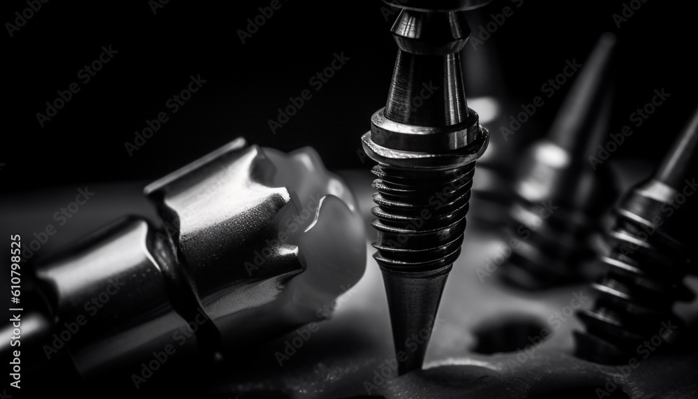 Metallic spiral wrench on shiny steel machinery in black background generated by AI