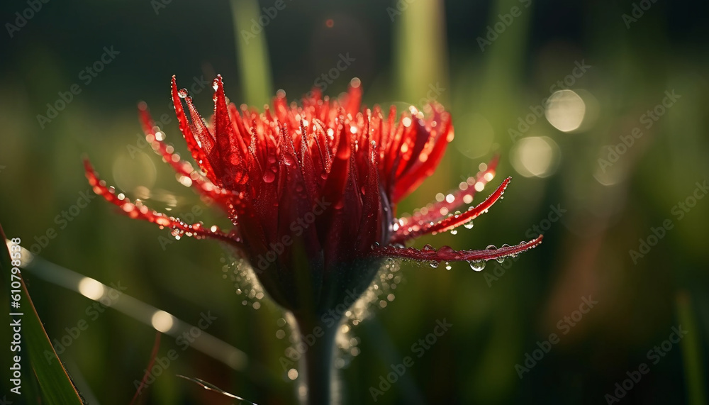 Vibrant yellow daisy in dewy meadow, surrounded by green foliage generated by AI