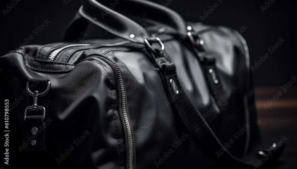 Black leather backpack with metal buckle and zipper fastening generated by AI