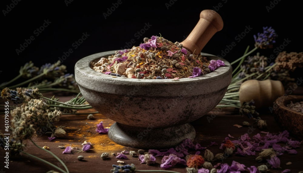 Organic herbal medicine bowl with dried plant and fresh petals generated by AI