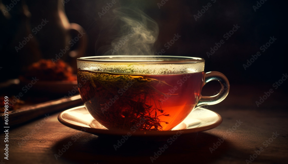 Hot drink on rustic wood table, steam rising from coffee cup generated by AI