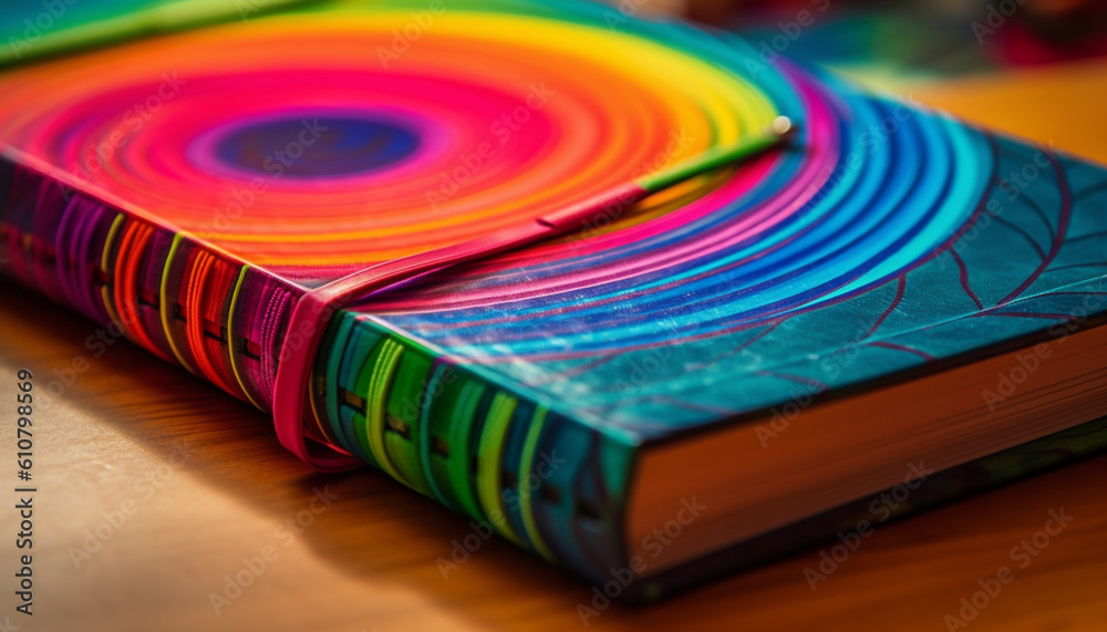 Vibrant colored book stack on wooden table for studying literature generated by AI