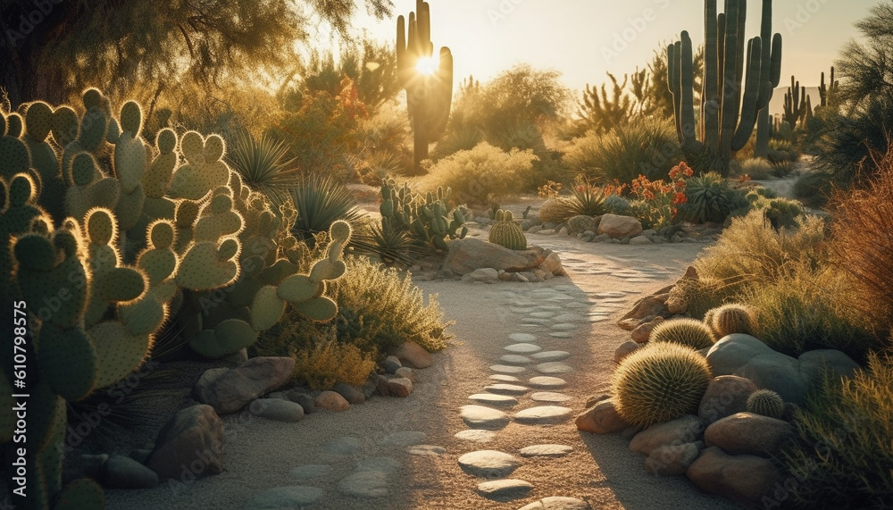 Tranquil scene sunset over arid mountain landscape, succulent plant growth generated by AI