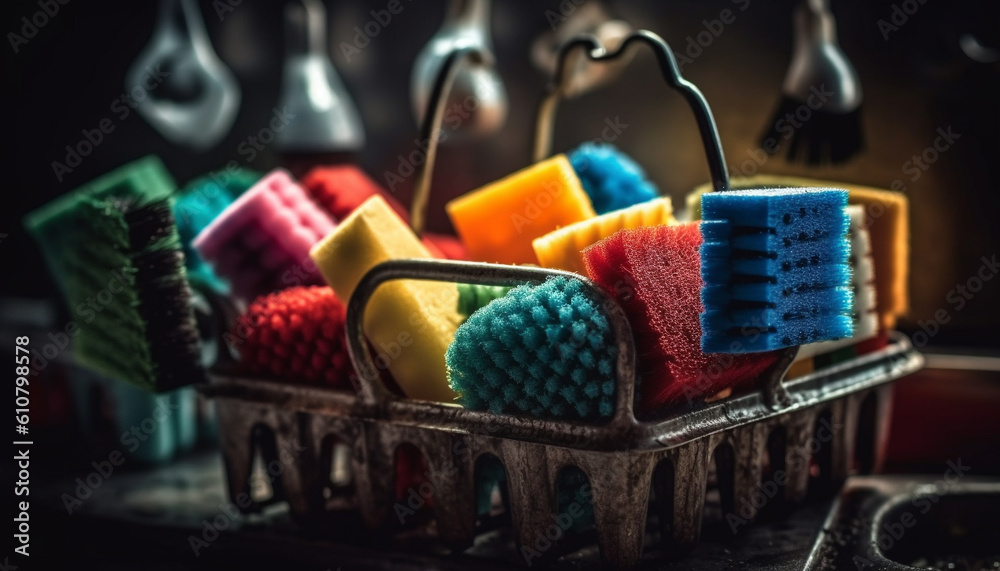 Colorful kitchen equipment stack, fresh homemade dessert in plastic container generated by AI