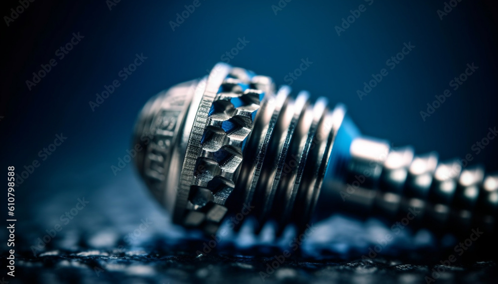 Shiny metallic wrench on blue background, selective focus on foreground generated by AI