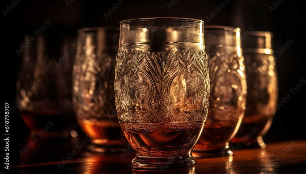 Golden liquid in crystal shot glass reflects elegance and luxury generated by AI