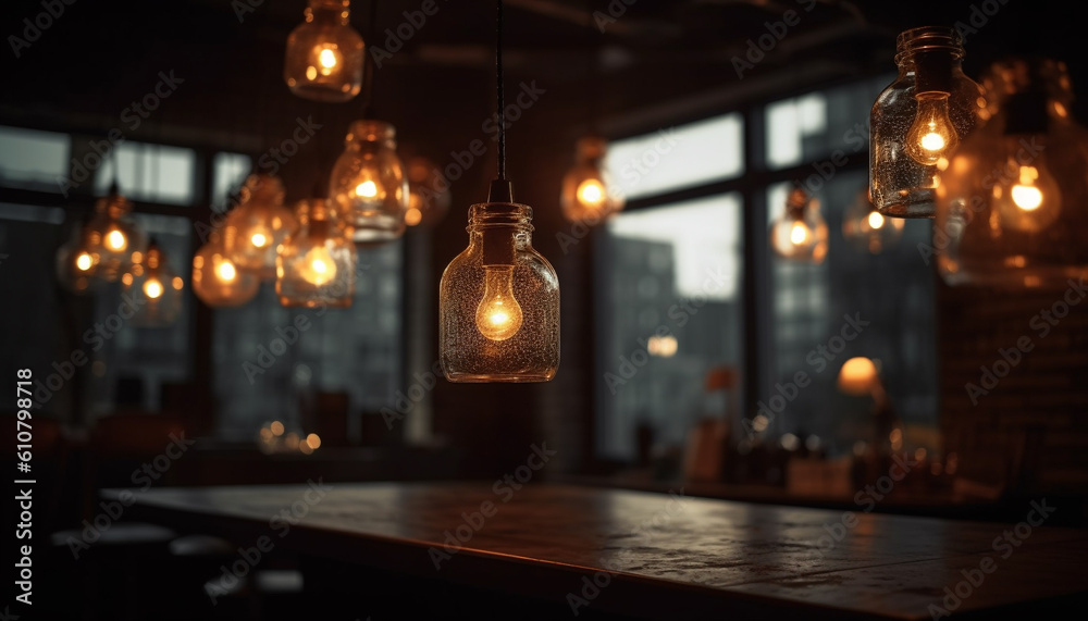 Glowing electric lamp illuminates rustic wooden table in modern loft generated by AI