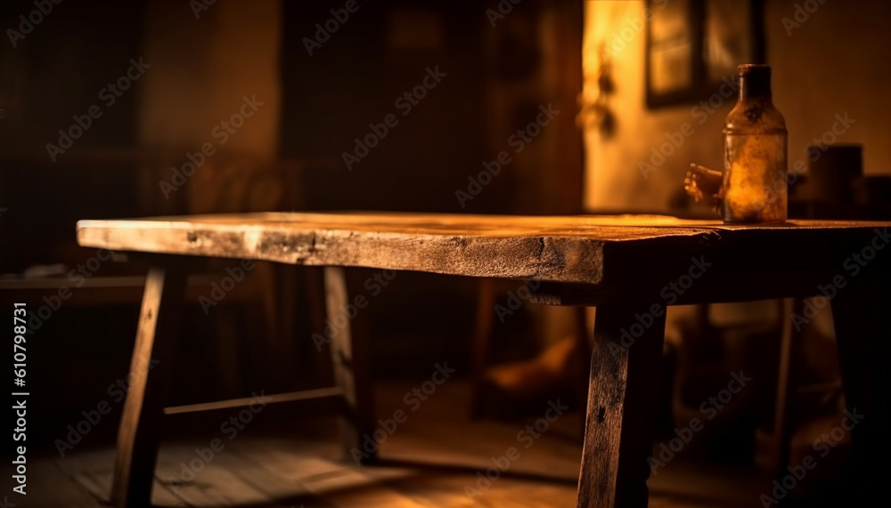 Rustic wine bar illuminates old workshop with backlit bottle flame generated by AI