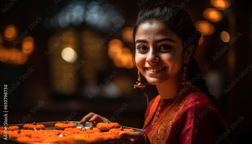 One smiling woman, indoors, looking at camera with confidence generated by AI