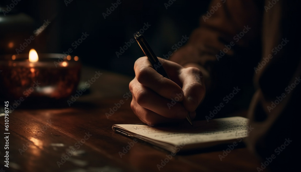 One person sitting at table, holding pen, working indoors generated by AI