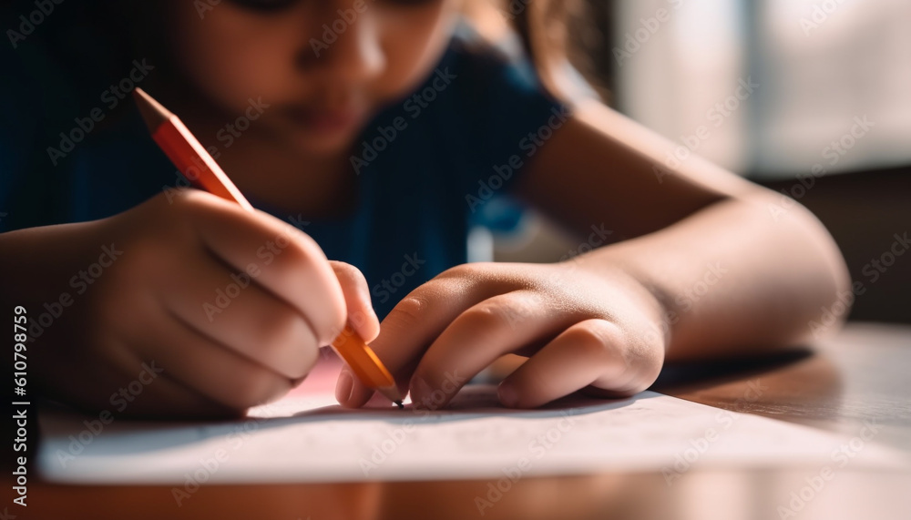 Cute Caucasian girl drawing with pencil, creativity and concentration indoors generated by AI