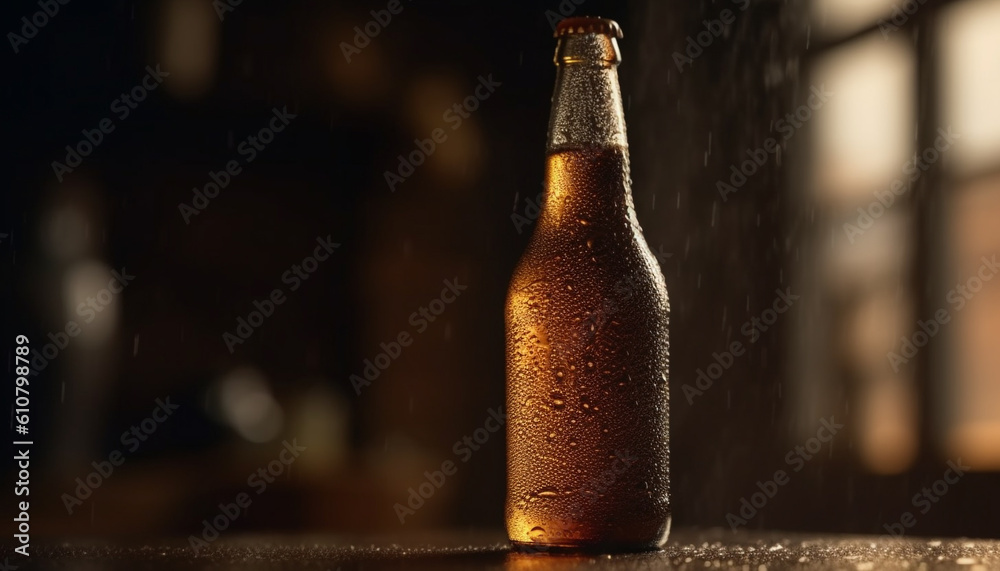 Golden brew pours into frosty glass, condensation and bubbles froth generated by AI