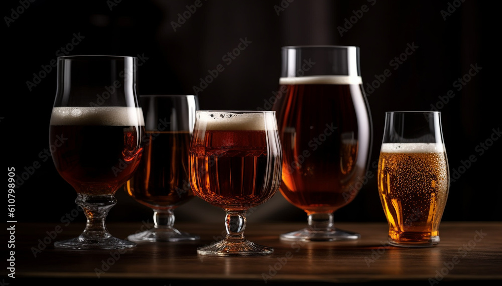 Foamy beer in gold pint glass on wooden table background generated by AI