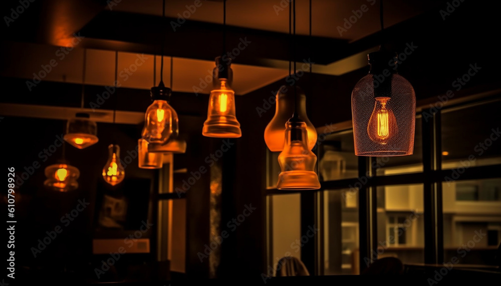 Glowing old fashioned lantern hanging from ornate ceiling in domestic room generated by AI