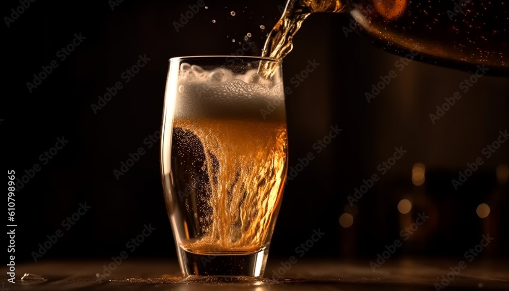 Refreshing drop of liquid in a frothy beer glass at pub generated by AI