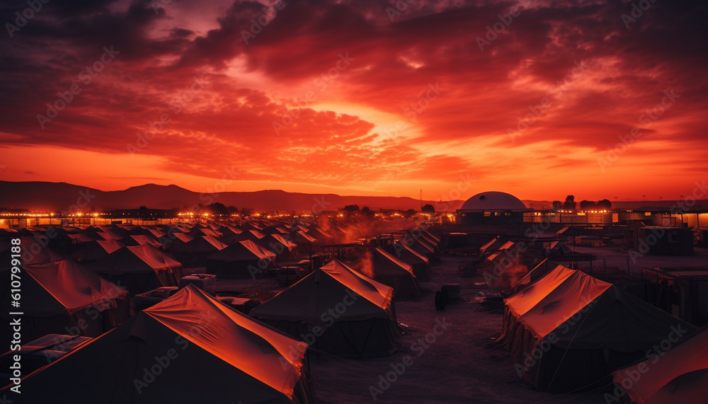 Tranquil sunset over mountain range illuminates camping tent in nature generated by AI