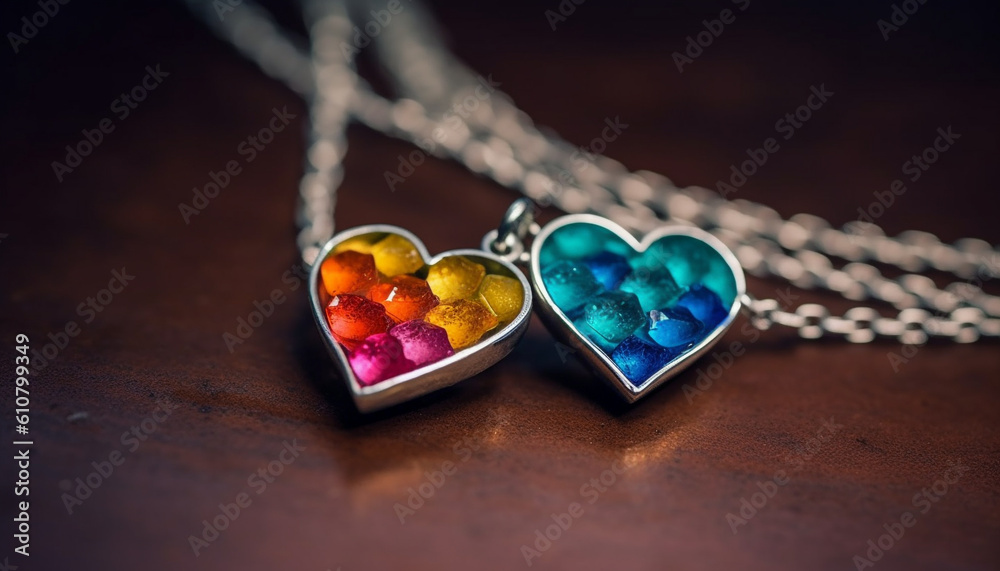 Romantic wood craft Heart shaped necklace, multi colored gemstone, elegant decoration generated by A