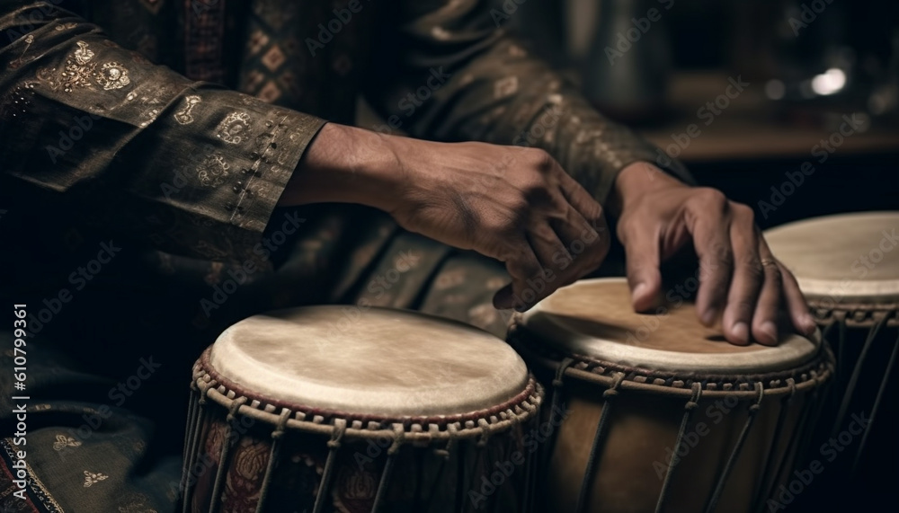 One man playing djembe, hitting percussion instrument with creativity generated by AI