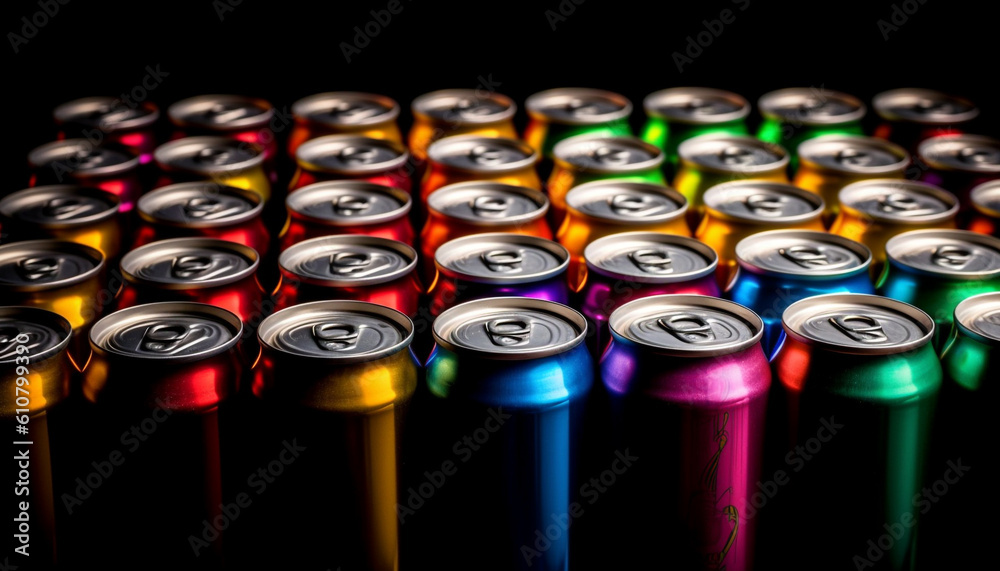 Row of shiny metal drink cans in a recycling arrangement generated by AI