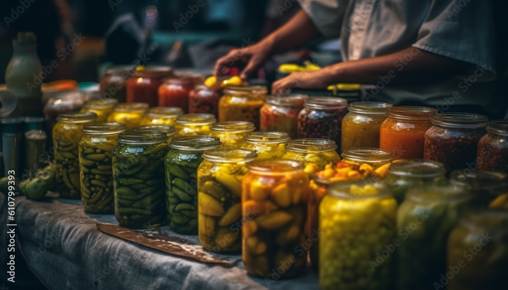 Fresh variety of pickled vegetables in homemade jars for retail generated by AI