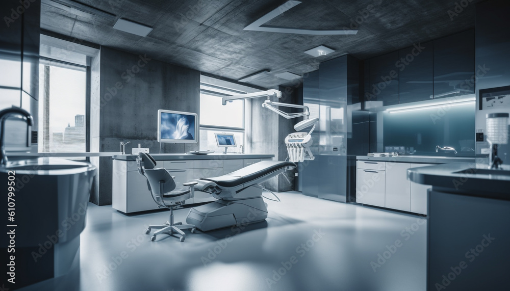 Modern office with futuristic equipment, clean design and empty chair generated by AI