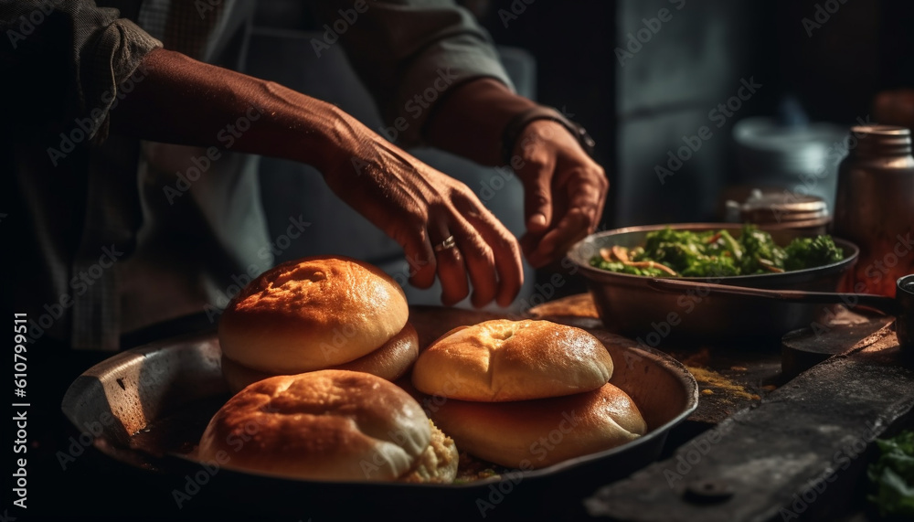 Freshly baked homemade bread, prepared with organic flour and love generated by AI