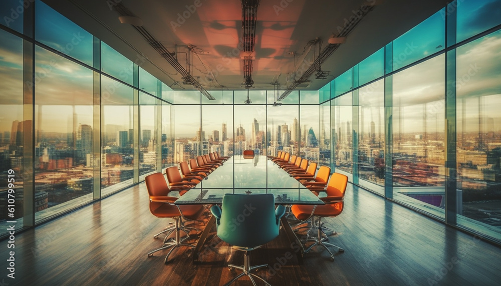 Modern office skyscraper with cityscape view from empty board room generated by AI