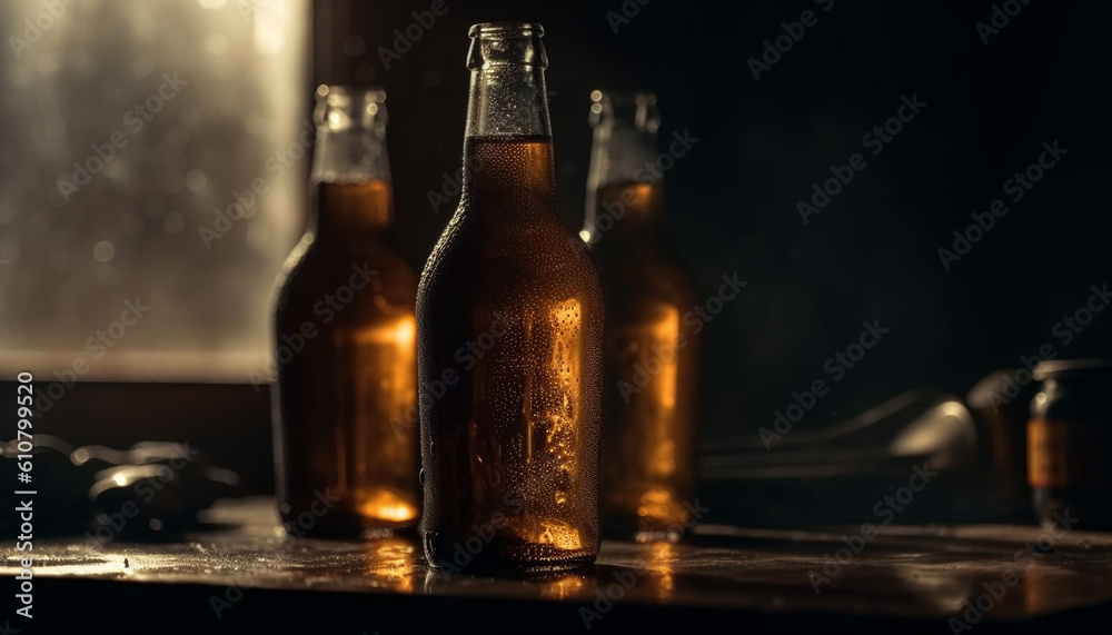 Dark beer bottle on wet table, frothy drink with freshness generated by AI