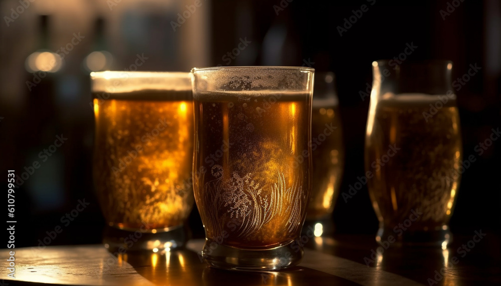 Foamy beer poured into a pint glass on a bar counter generated by AI